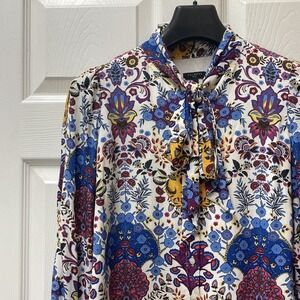 Talbots Women's Petite Colorful Boho Floral Puff Smocked Sleeve Tie Lined Retro